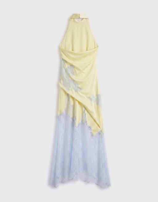 Topshop satin halterneck maxiklänning med spetskant för högtid i lime och blått, 6 av 8