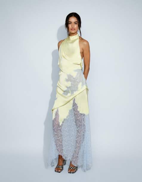 Topshop Satin-Halterneck-Maxikleid mit Spitzenbesatz für besondere Anlässe in Limette und Blau - view 1