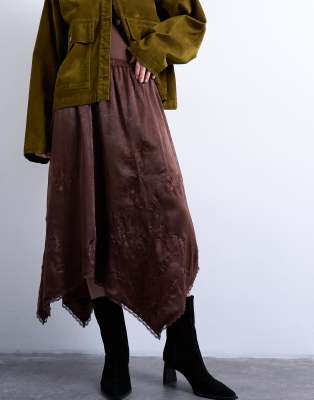 Topshop Satin Hanky Hem Midi Skirt With Lace Embroidery In Black