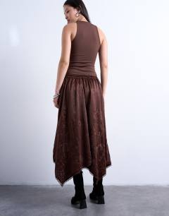 Model wearing Satin hanky hem midi skirt with lace embroidery in chocolate