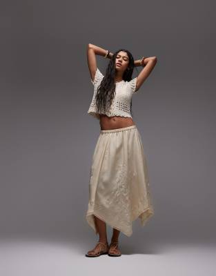 satin hanky hem skirt with embroidery in ivory-White