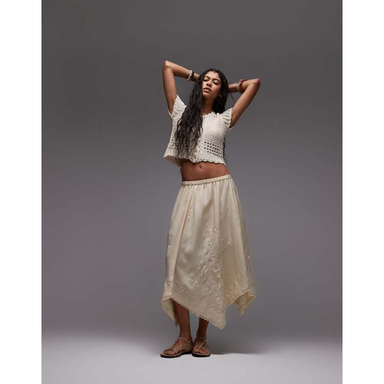 Topshop satin hanky hem skirt with embroidery in ivory | ASOS