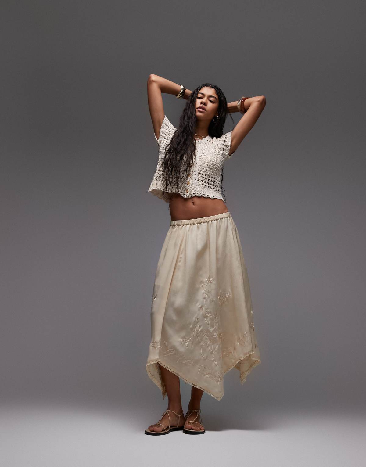 Topshop satin hanky hem skirt with embroidery in ivory