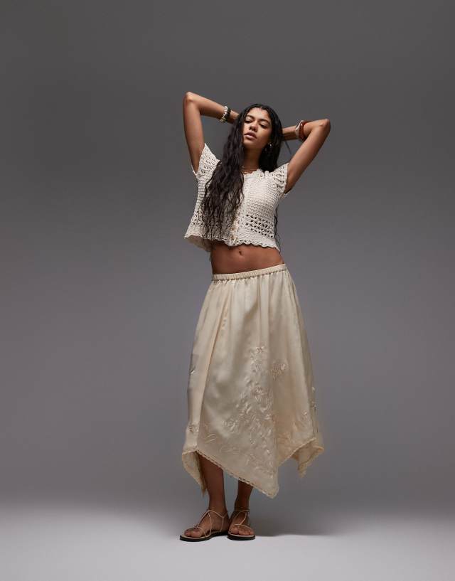 Topshop satin hanky hem skirt with embroidery in ivory | ASOS