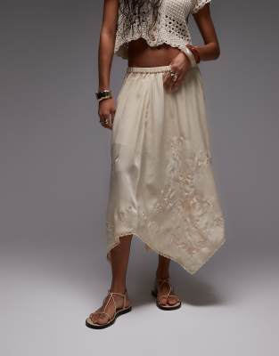 Topshop Satin Hanky Hem Skirt With Embroidery