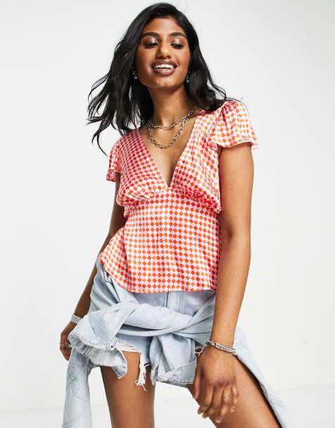 Topshop satin hexagonal angel sleeve tea top in pink and red - view 1