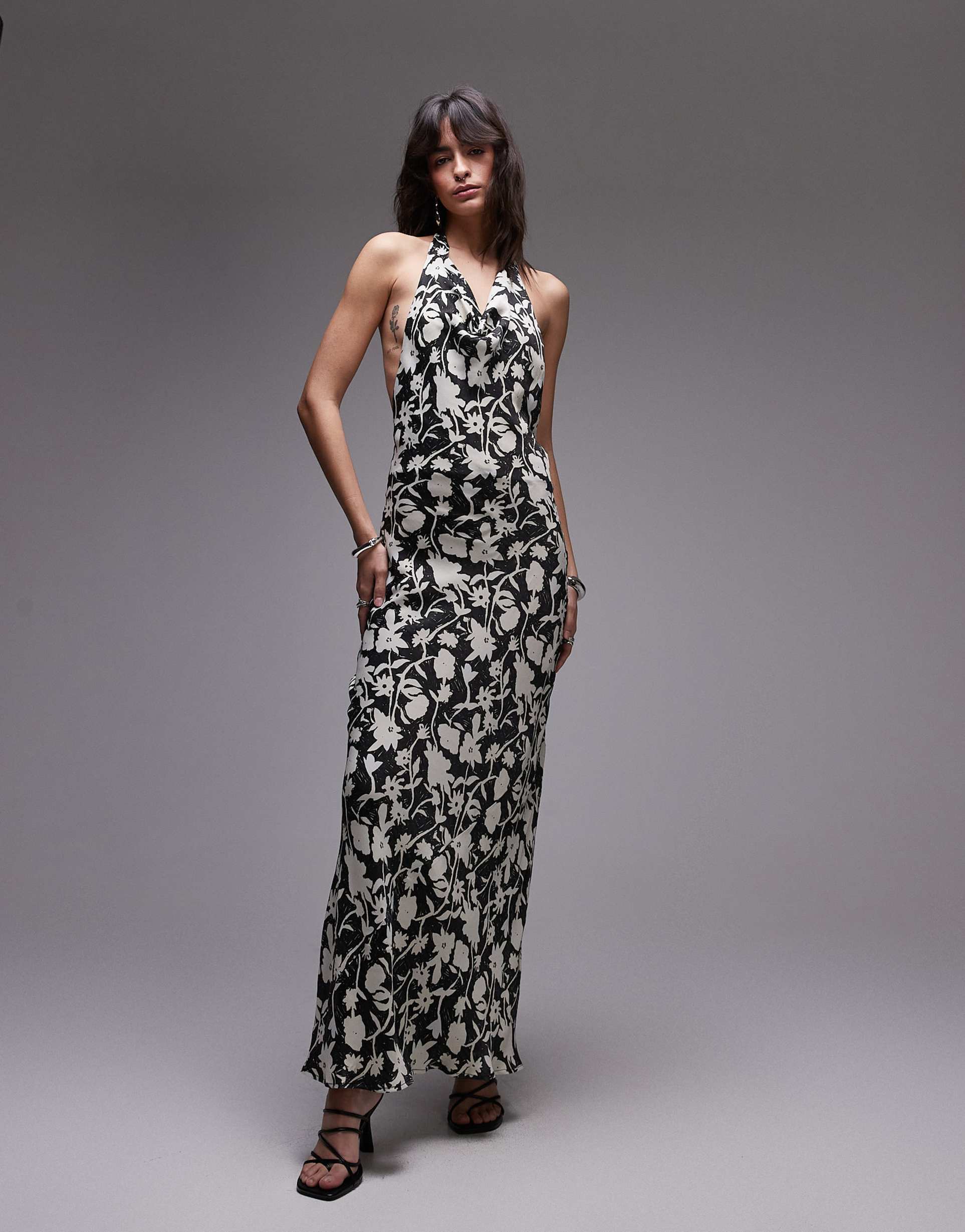 topshop satin high cowl halter maxi dress in floral print