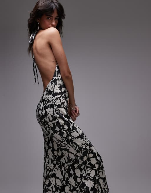 Topshop satin high cowl halter maxi dress in floral print