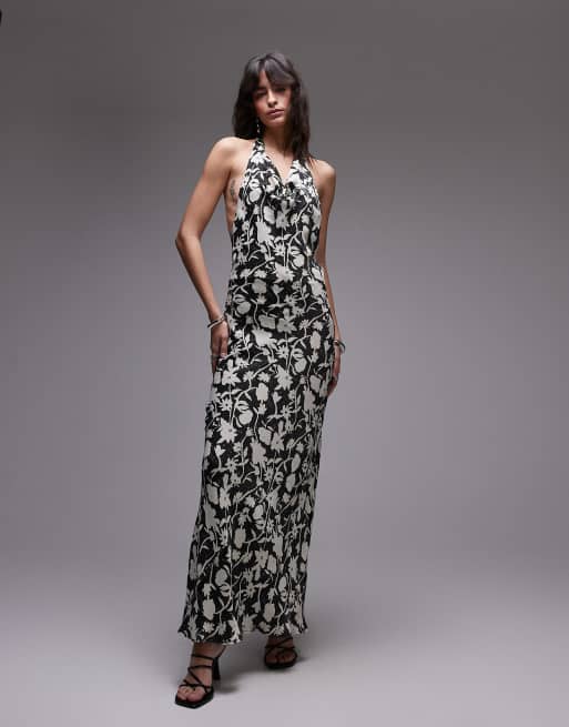 Topshop satin high cowl halter maxi dress in floral print