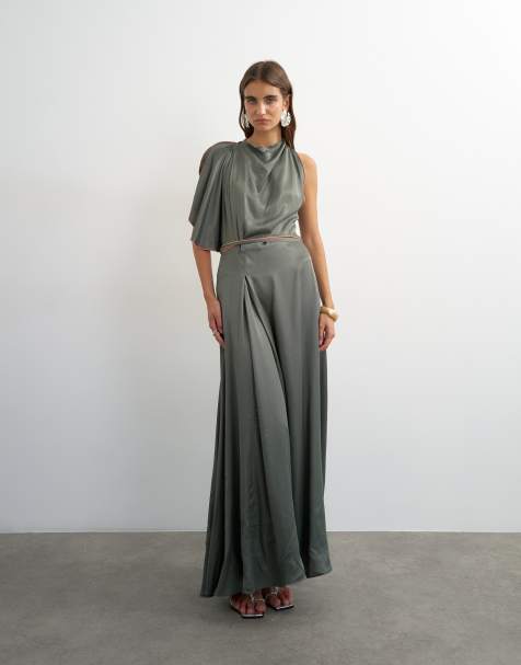 Topshop satin high cowl neck asymmetric maxi dress with peach contrast trim in petrol grey - view 1