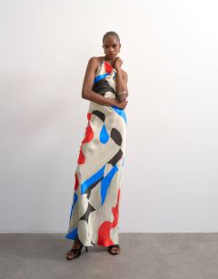 Model wearing Satin high neck cowl maxi dress in bold abstract