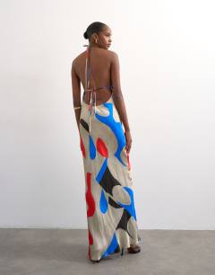 Model wearing Satin high neck cowl maxi dress in bold abstract