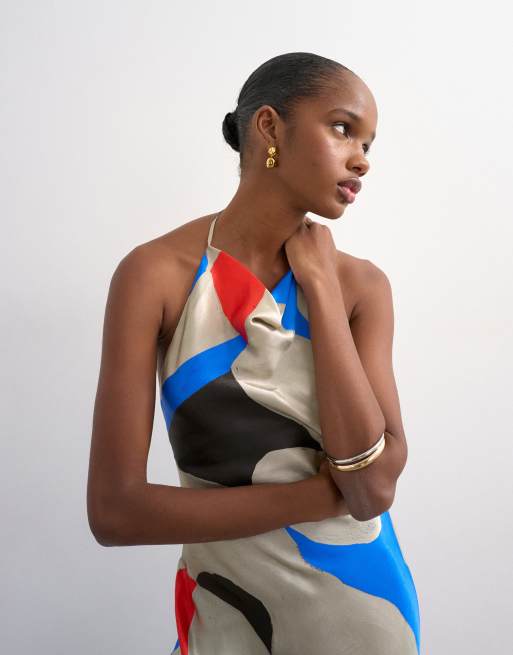 Topshop satin high neck cowl maxi dress in bold abstract, 3 of 4