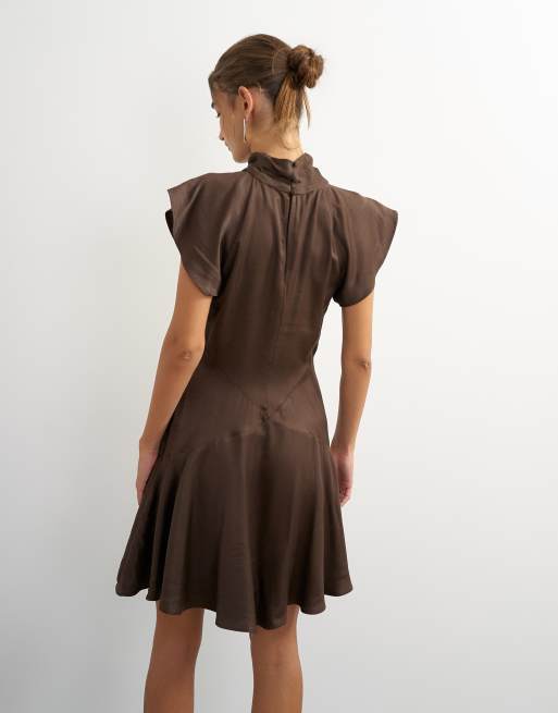 Topshop satin high neck flippy hem mini dress in chocolate, 2 of 4