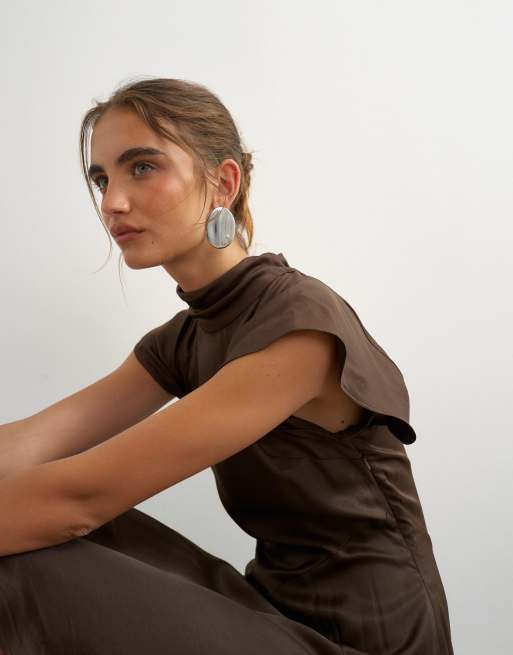 Topshop satin high neck flippy hem mini dress in chocolate, 4 of 4