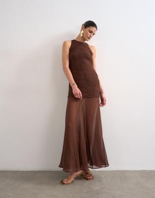 Topshop Satin High Neck Pleated Dropped Waist Maxi Dress In Brown
