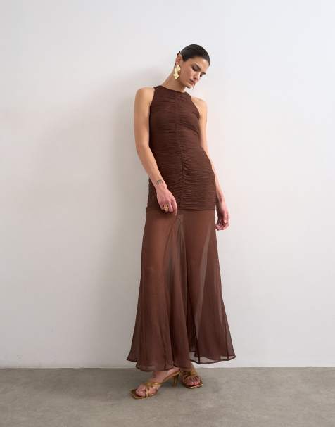 Topshop satin high neck pleated dropped waist maxi dress in chocolate - view 1