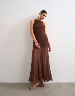 Satin high neck pleated dropped waist maxi dress in chocolate