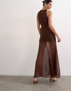 Model wearing Satin high neck pleated dropped waist maxi dress in chocolate