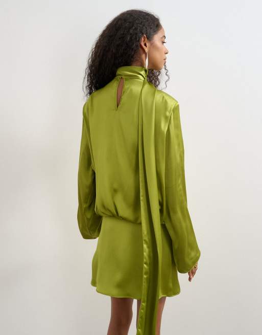 Topshop satin high scarf tie neck mini dress in green, 3 of 4