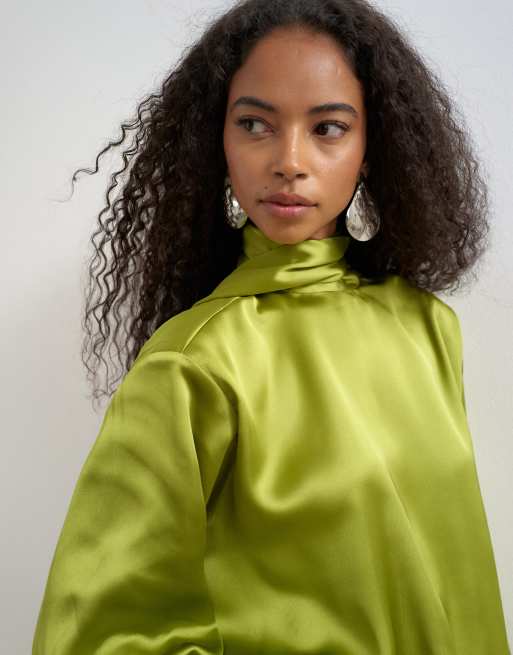 Topshop satin high scarf tie neck mini dress in green, 4 of 4