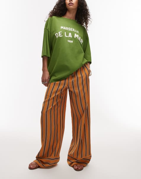 Topshop – Satin-Hose mit geradem Schnitt und Streifen in Orange und Schokobraun - view 1