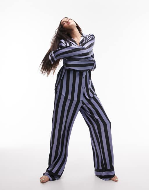 Topshop satin humbug stripe print shirt and pants pajama set in