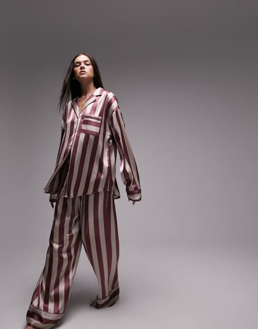 Topshop satin humbug stripe print shirt and trouser pyjama set in rose