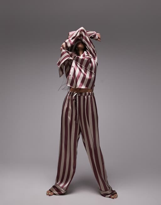 Topshop satin humbug stripe print shirt and trouser pyjama set in rose, 2 of 4