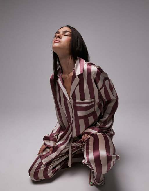 Topshop satin humbug stripe print shirt and trouser pyjama set in rose