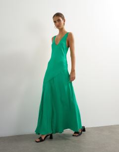 Satin jacquard dropped waist low scoop maxi dress in green