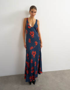 Satin jacquard dropped waist low scoop maxi dress in navy and red floral