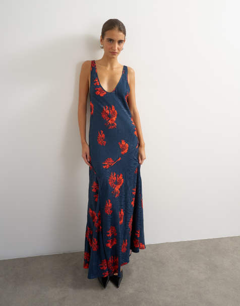 Topshop satin-jacquard maxikjole med lav talje og dyb rund hals i marineblåt og rødt blomsterprint - view 1