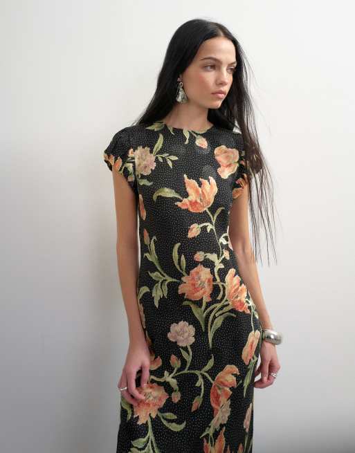 Topshop Satin-Jacquard-Maxikleid mit Puffärmeln und Blumenmuster auf schwarzem Grund, 2 von 4