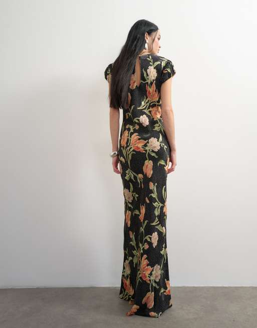 Topshop Satin-Jacquard-Maxikleid mit Puffärmeln und Blumenmuster auf schwarzem Grund, 4 von 4
