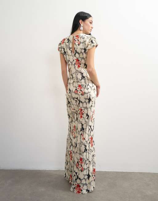 Topshop Satin-Jacquard-Maxikleid mit Puffärmeln und rotem und schwarzem Blumenmuster, 3 von 4