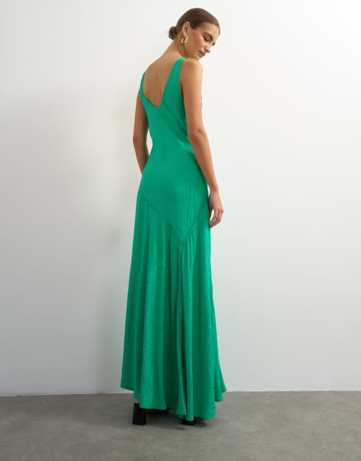 Topshop Satin-Jacquard-Maxikleid mit tiefer Taille und tiefem U-Ausschnitt in Grün, 4 von 4