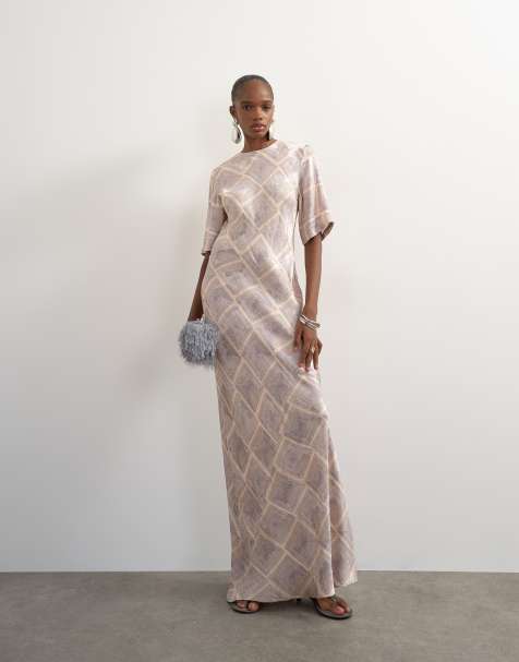 Topshop satin jacquard slash neck maxi dress in blue square print - view 1