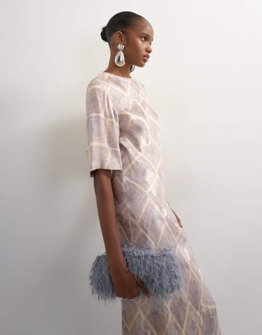 Topshop satin jacquard slash neck maxi dress in blue square print, 2 of 4