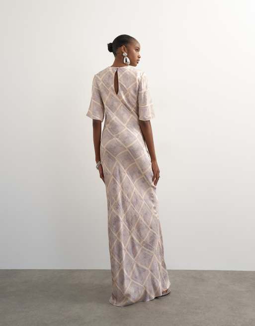Topshop satin jacquard slash neck maxi dress in blue square print, 3 of 4
