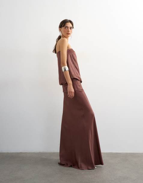 Topshop satin klänning med sänkt midja, blouson och bandeau i maxilängd i chokladbrun - view 1