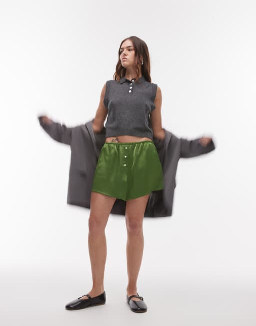Topshop satin knicker short with buttons in green