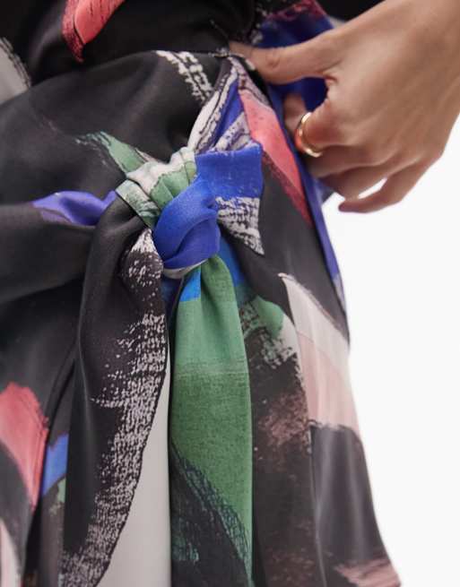 Topshop satin knotted tie side skirt in scarf print