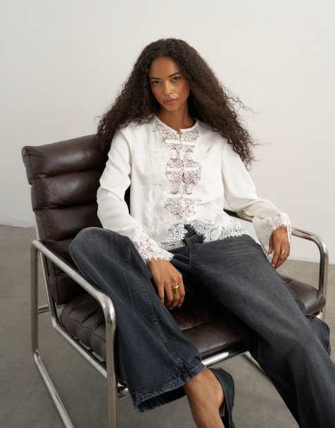 Topshop satin lace applique blouse in ivory - view 1