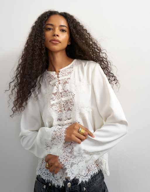 Topshop satin lace applique blouse in ivory, 2 of 4