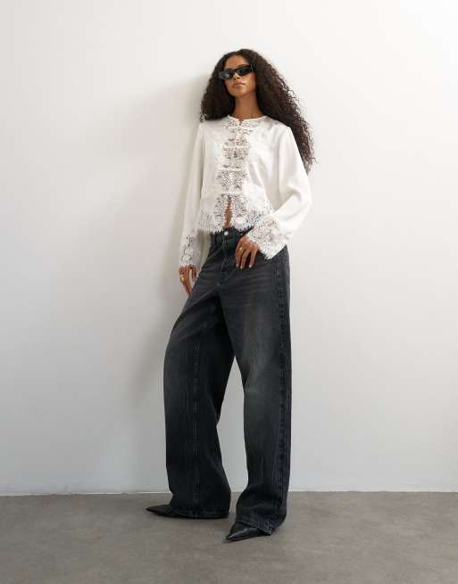 Topshop satin lace applique blouse in ivory, 3 of 4