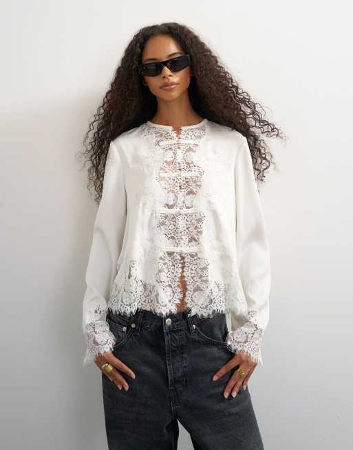 Topshop satin lace applique blouse in ivory, 4 of 4