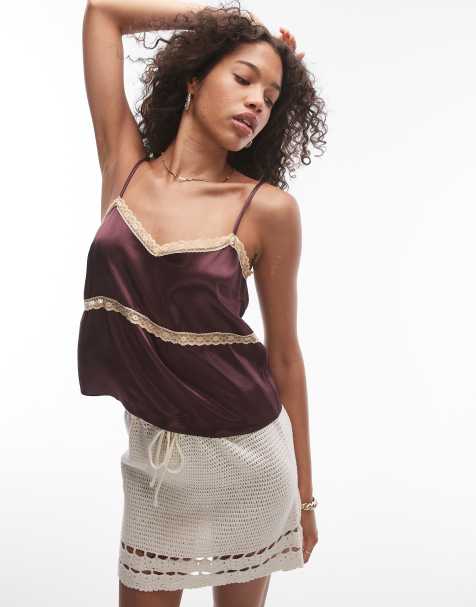 Topshop satin lace cami in wine with apricot lace - view 1