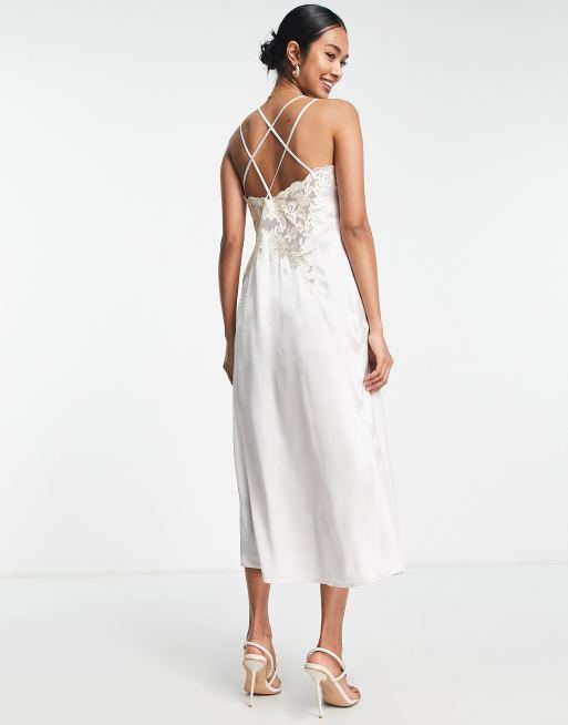 Long satiny lace-insert slip dress, Icône, Slip & Satin