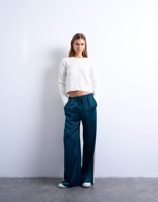 Topshop satin lace insert pants in mid blue, 3 of 5